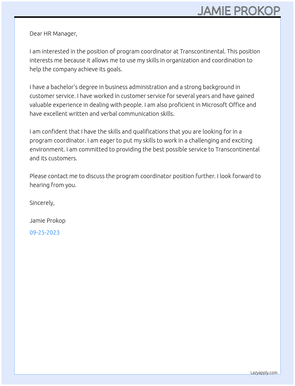 program coordinator At Transcontinental Cover Letter