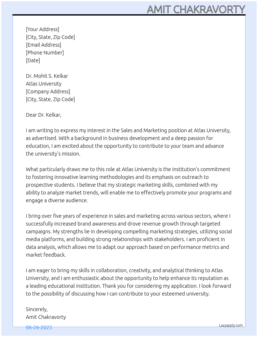 Sales and marketing At Atlas university Cover Letter