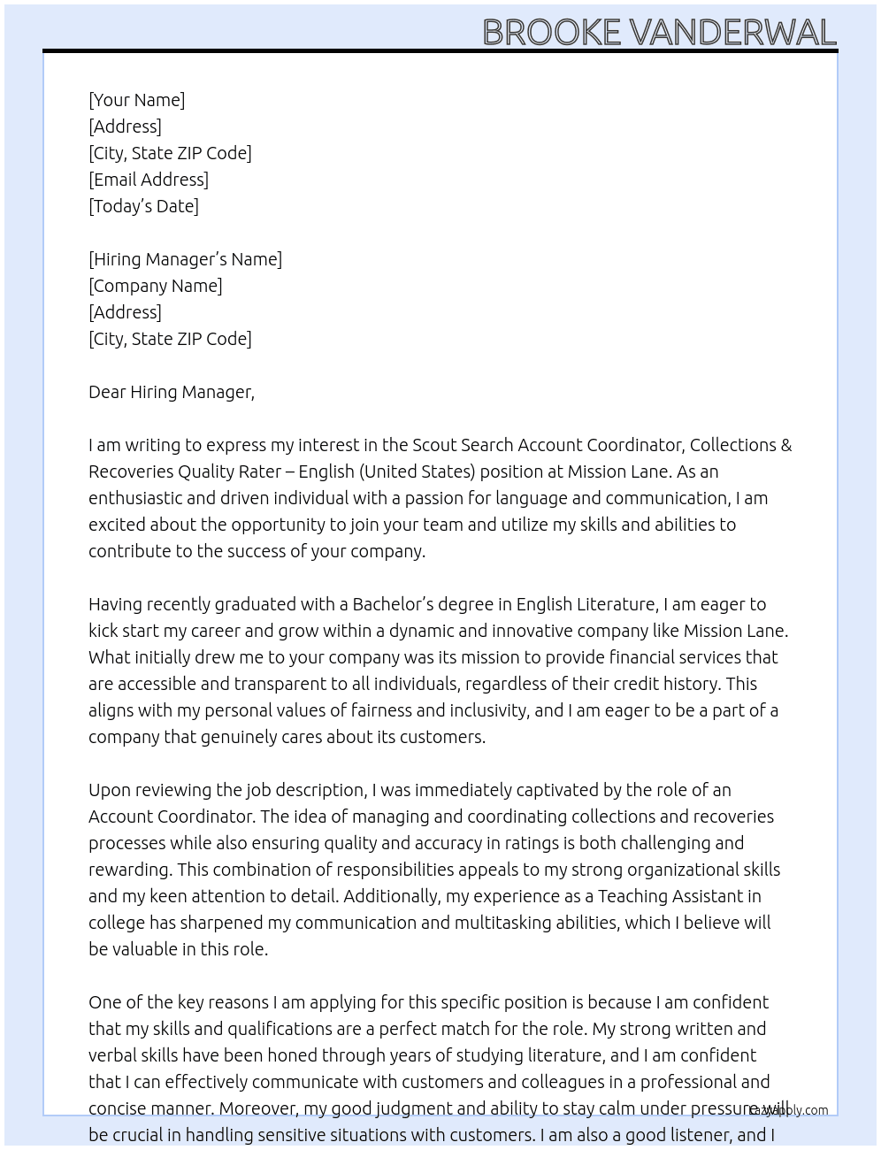 Scout Search QAccount Coordinator, Collections & Recoveriesuality Rater - English (United States At Mission Lane Cover Letter