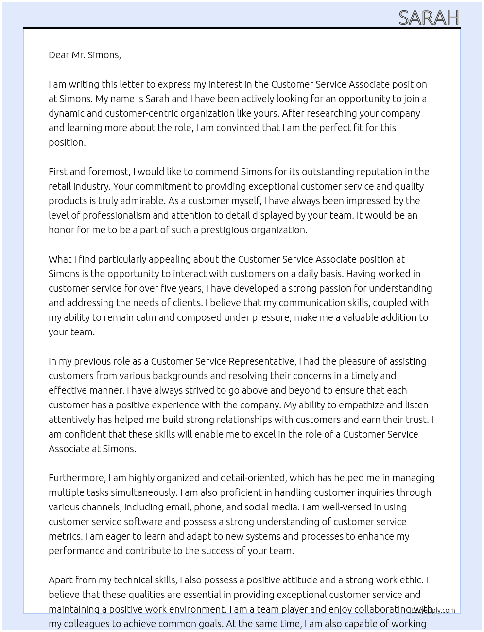 customer service associate At Simons Cover Letter