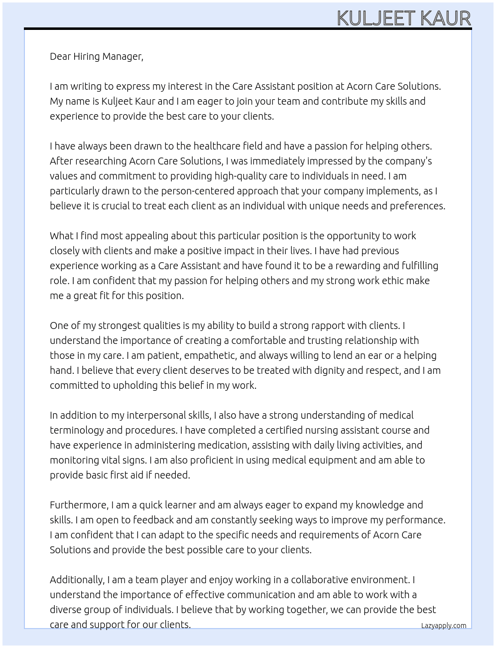 Care assistant  At Acorn Care Solutions Cover Letter