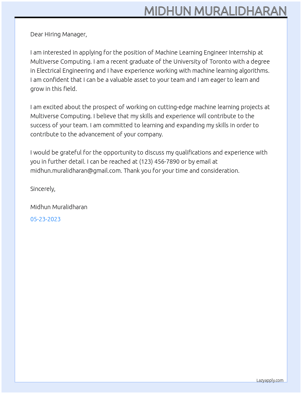 Machine Learning Engineer Internship At Multiverse Computing Cover Letter