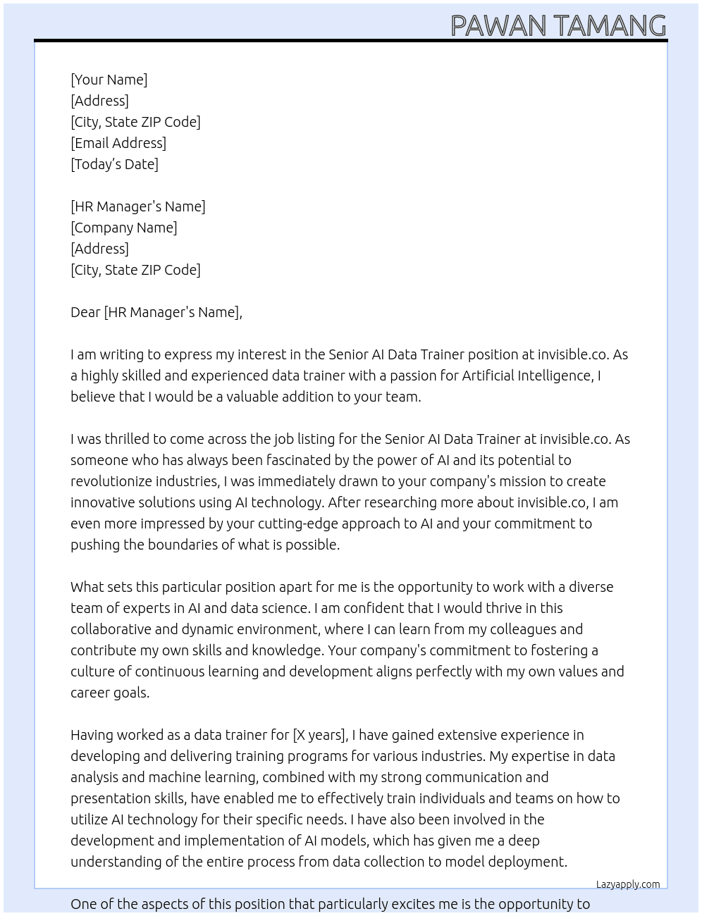 Senior AI Data Trainer At invisible.co Cover Letter