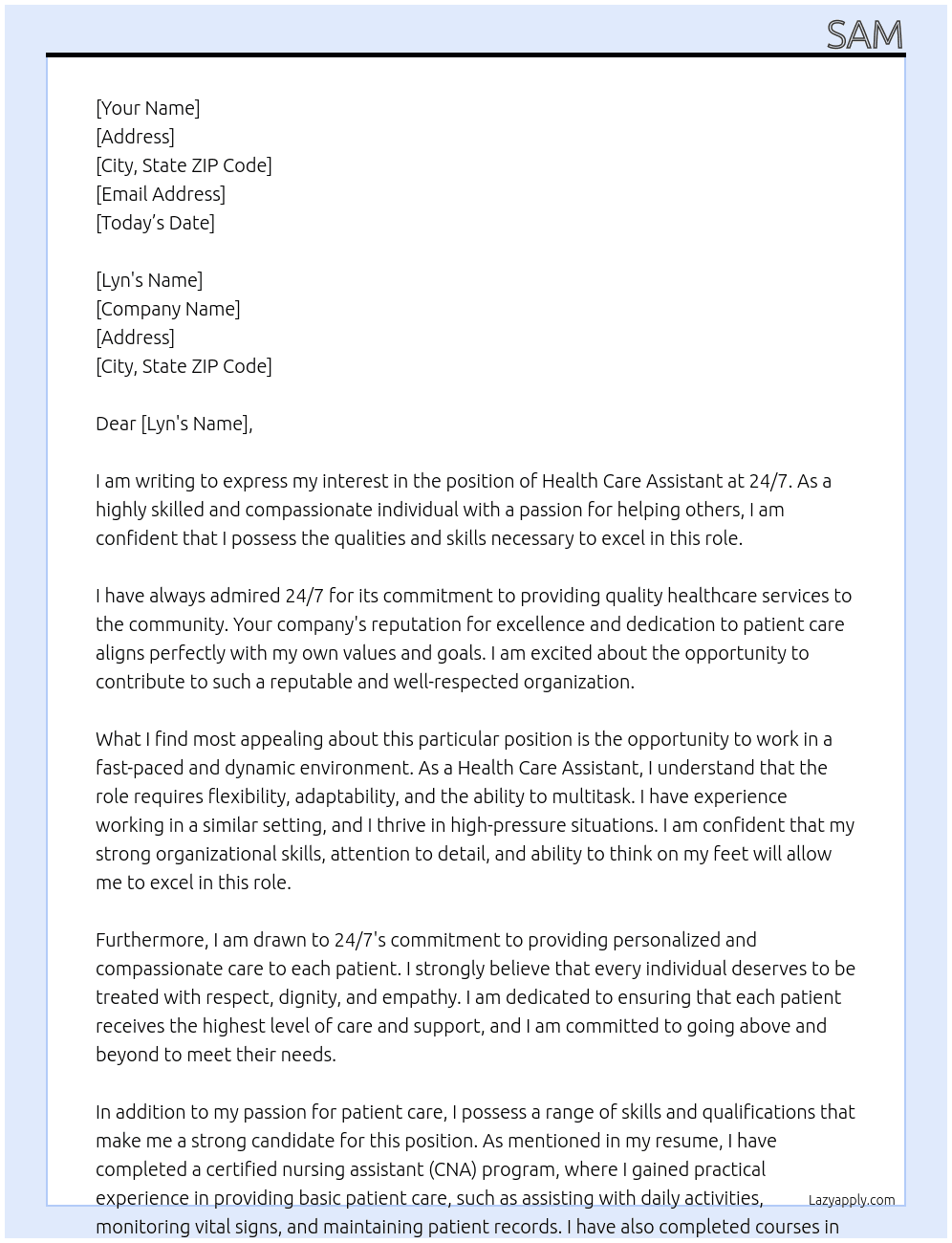 Health Care Assistant At 24/7 Cover Letter