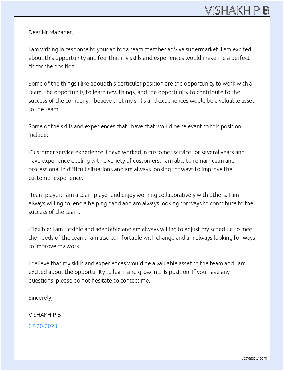 Team Member At Viva supermarket Cover Letter