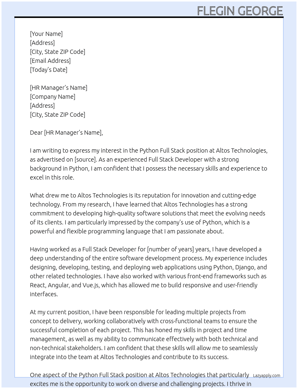 Python Full Stack At Altos Technologies Cover Letter