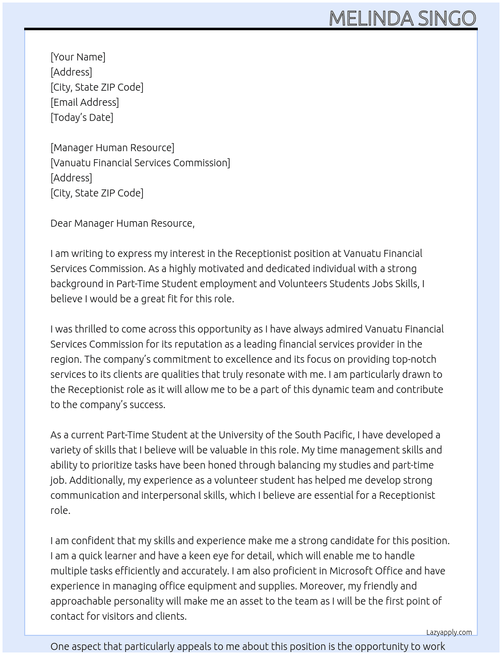 Receptionist At Vanuatu Financial Services Commission Cover Letter