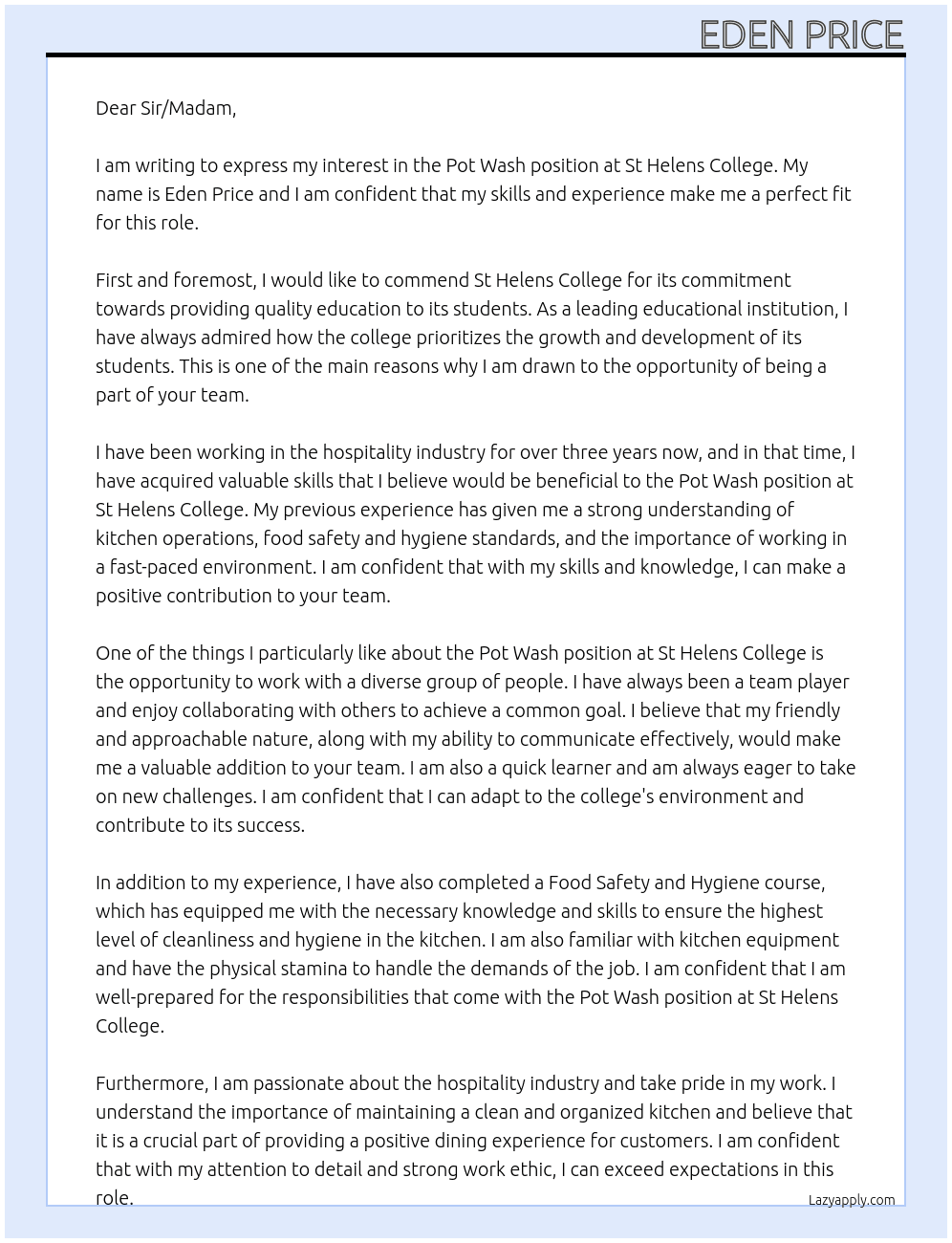 Pot Wash At St Helens College Cover Letter