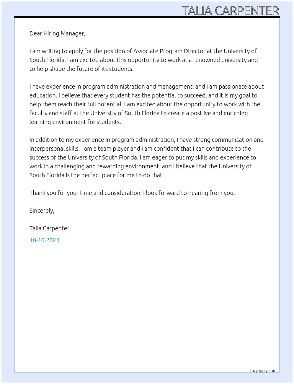 Associate Program Director At University of South Florida Cover Letter