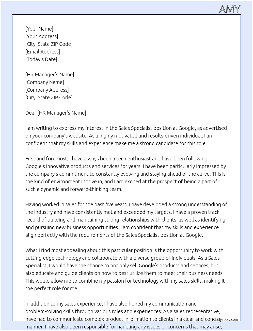 Sales Specialist At Google Cover Letter