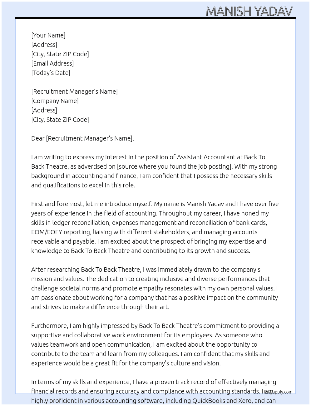 Assistant Accountant  At Back To Back Theatre Cover Letter