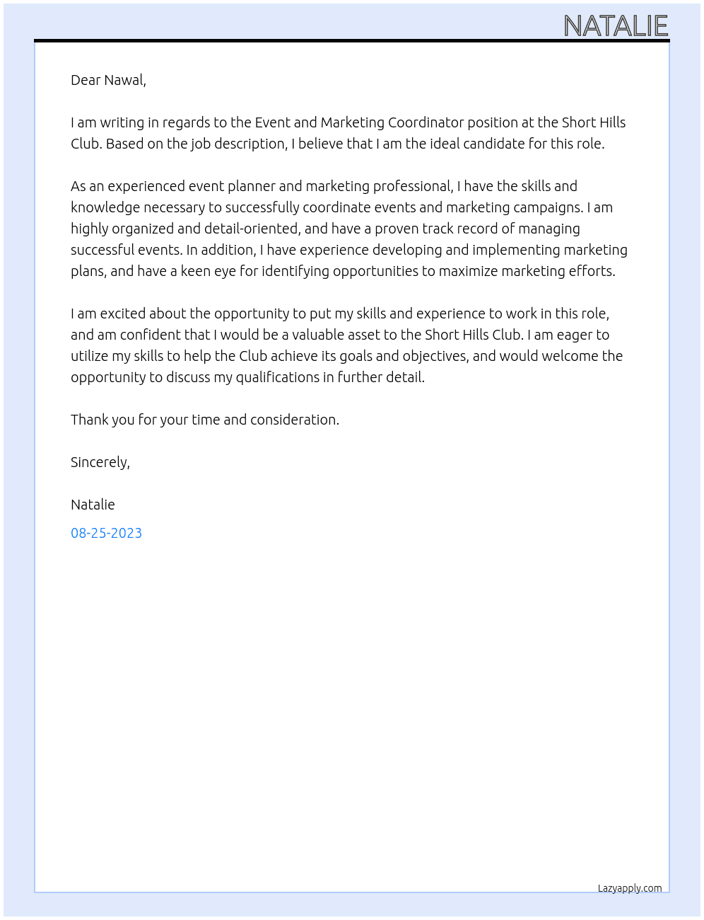 Event and Marketing Coordinator At Short Hills Club Cover Letter