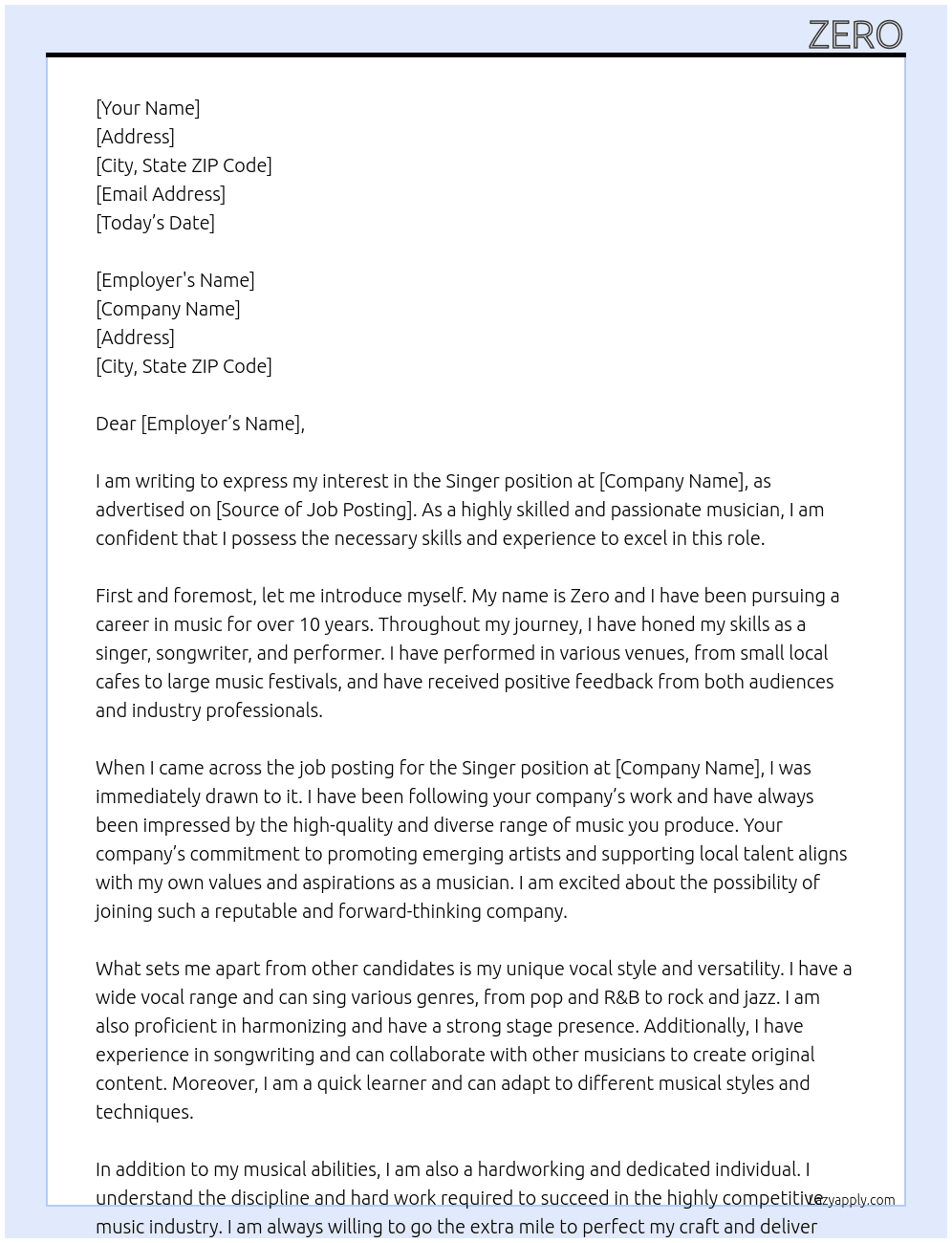 Singer At Zero Cover Letter