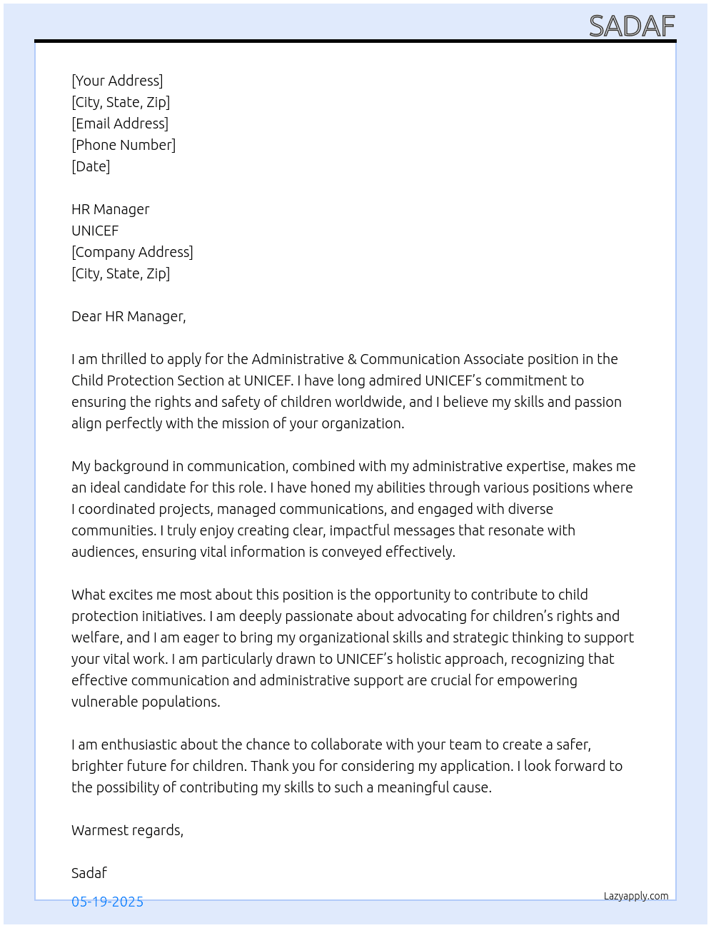 Cover letter for administrative & communication associate for child protection section - LazyApply