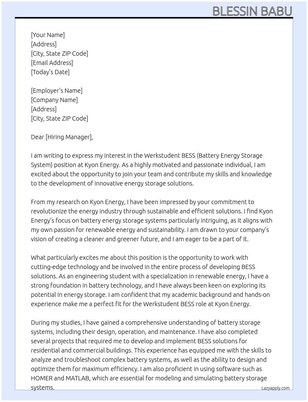 Werkstudent BESS - Battery Energy Storage System At Kyon Energy  Cover Letter