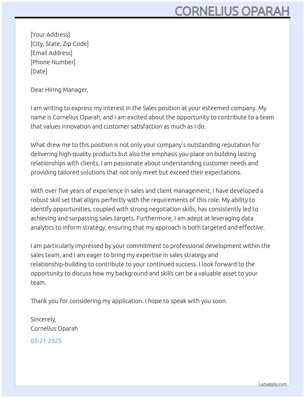 Sales At Hiring Manager Cover Letter