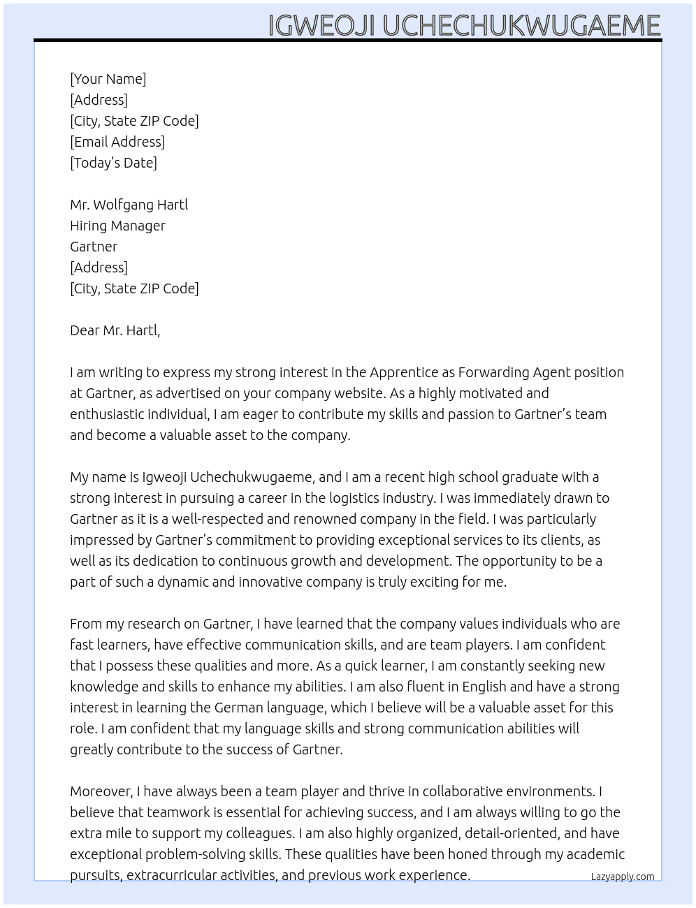 Apprentice as forwarding agent At Gartner Cover Letter