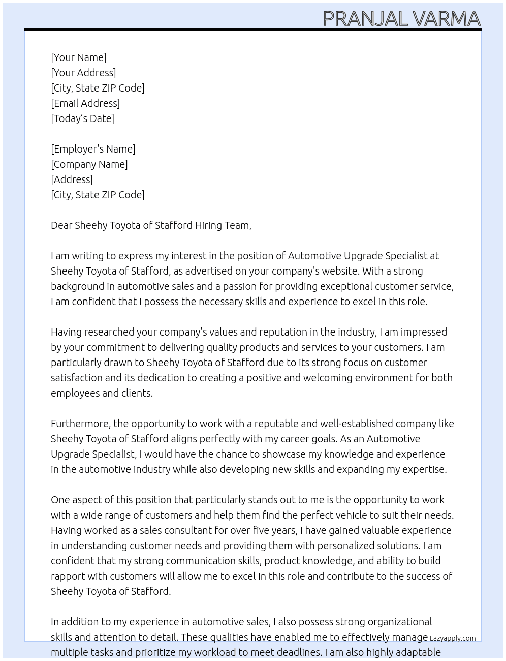 Automotive Upgrade Specialist  At Sheehy Toyota of Stafford  Cover Letter