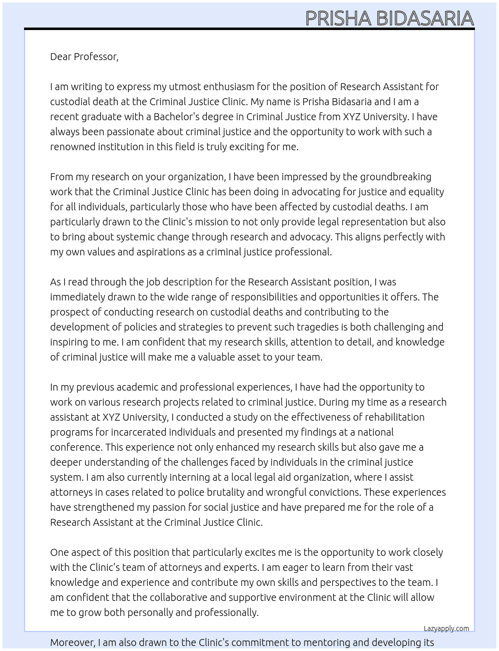 Research Assistant for custodial death At Criminal Justice Clinic Cover Letter
