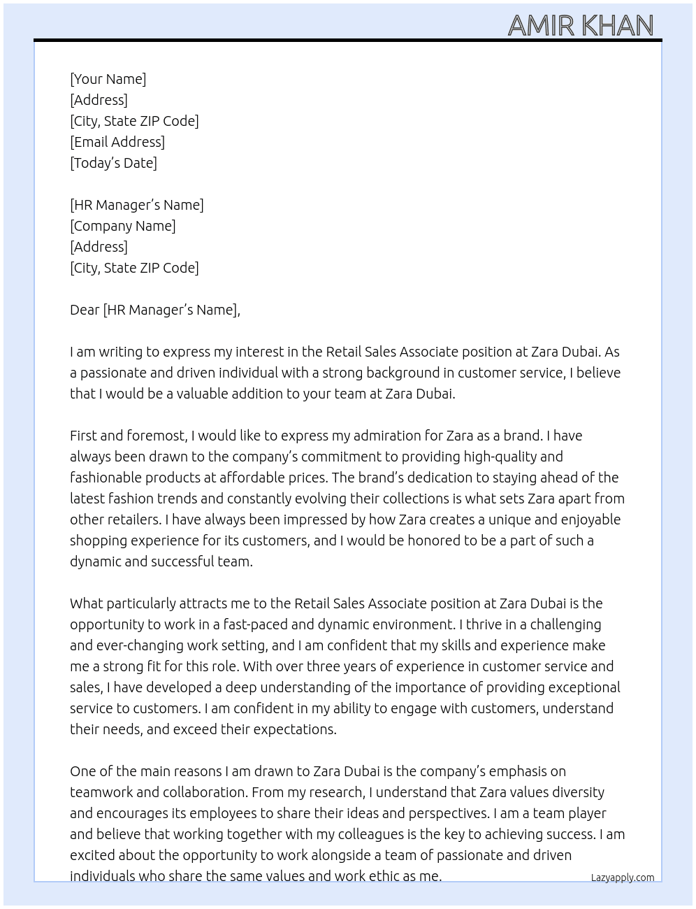Retail Sales Associate  At Zara Dubai Cover Letter