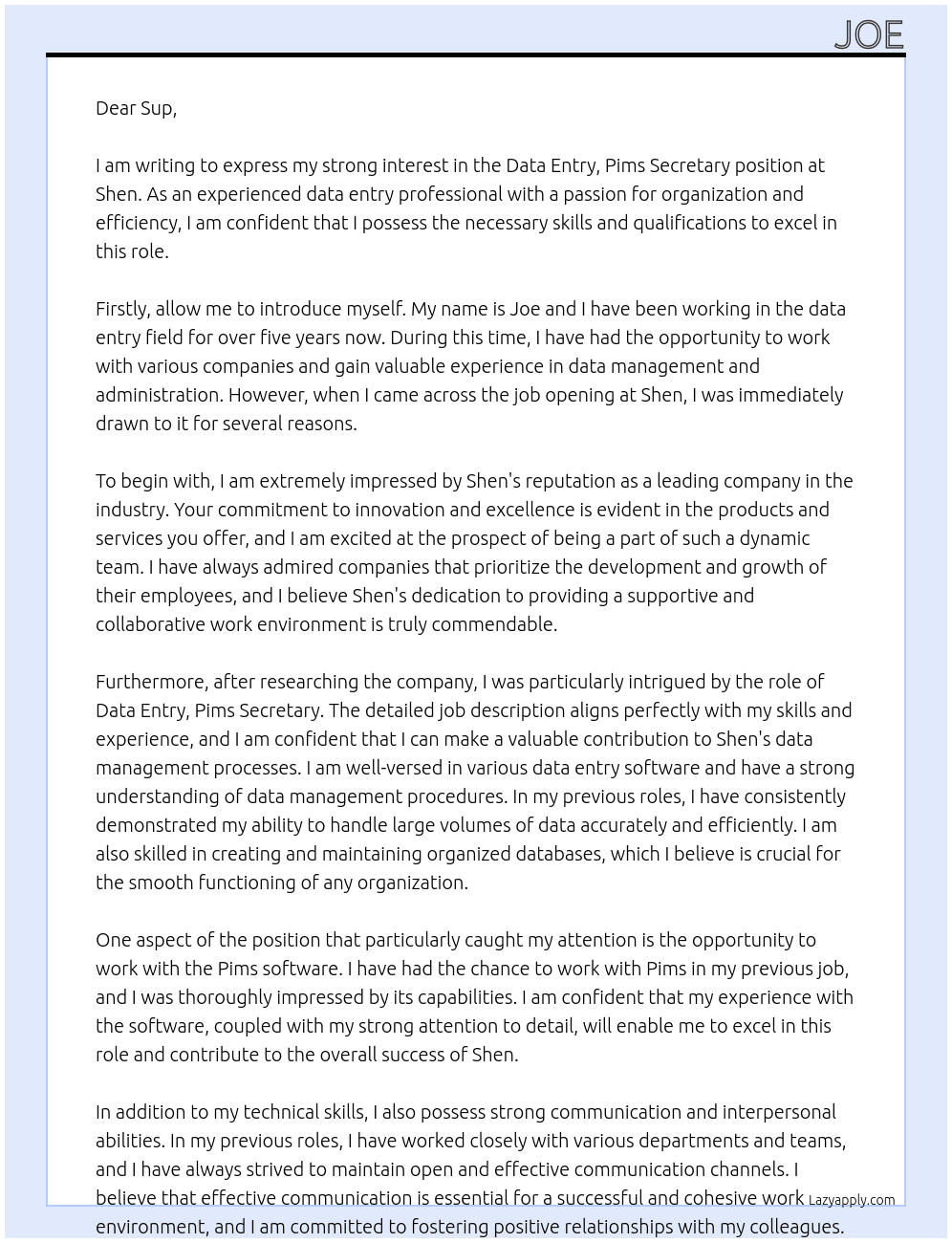 Data entry, Pims secretary  At shen Cover Letter