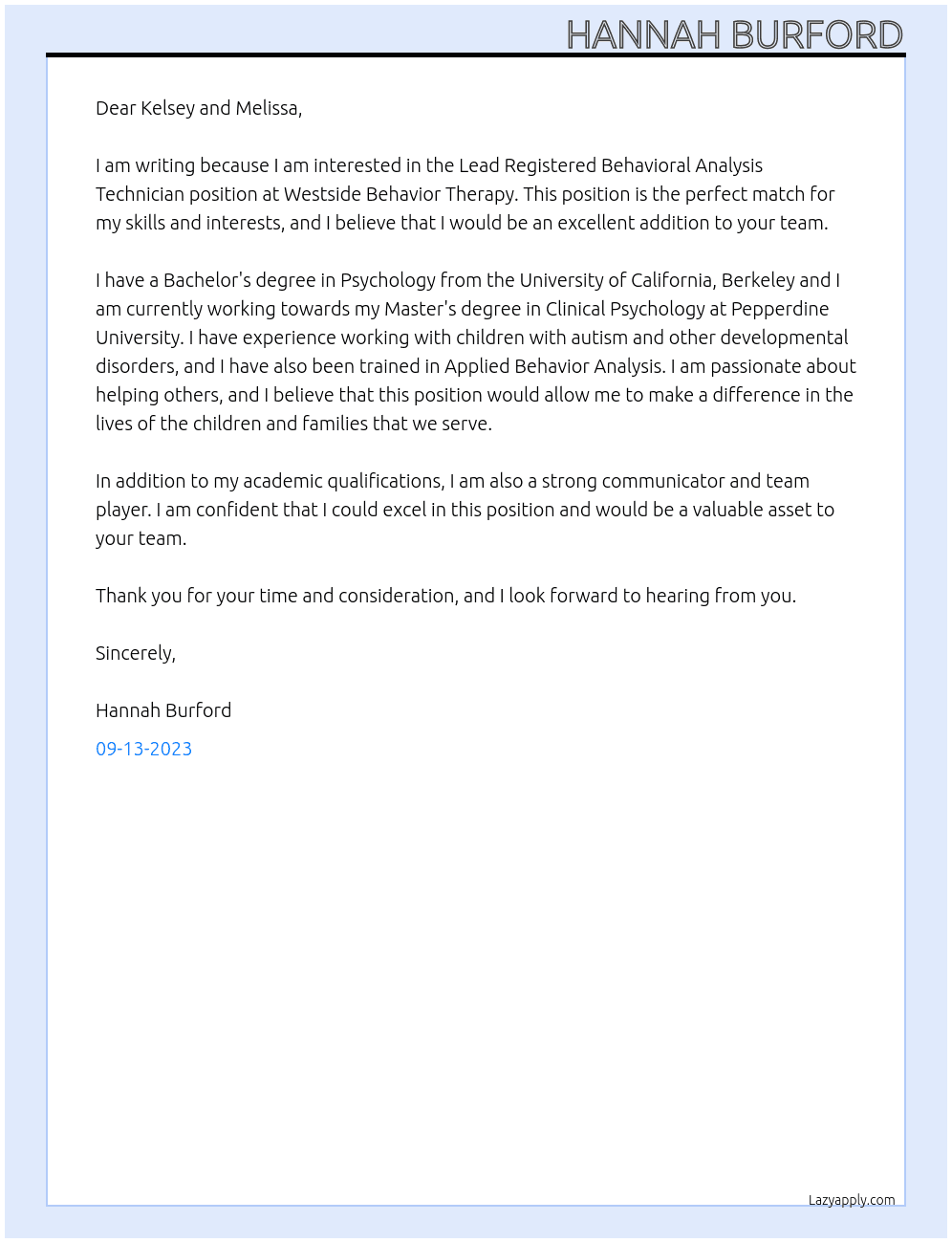 Lead Registered Behavioral Analysis Technician    At Westside Behavior Therapy  Cover Letter
