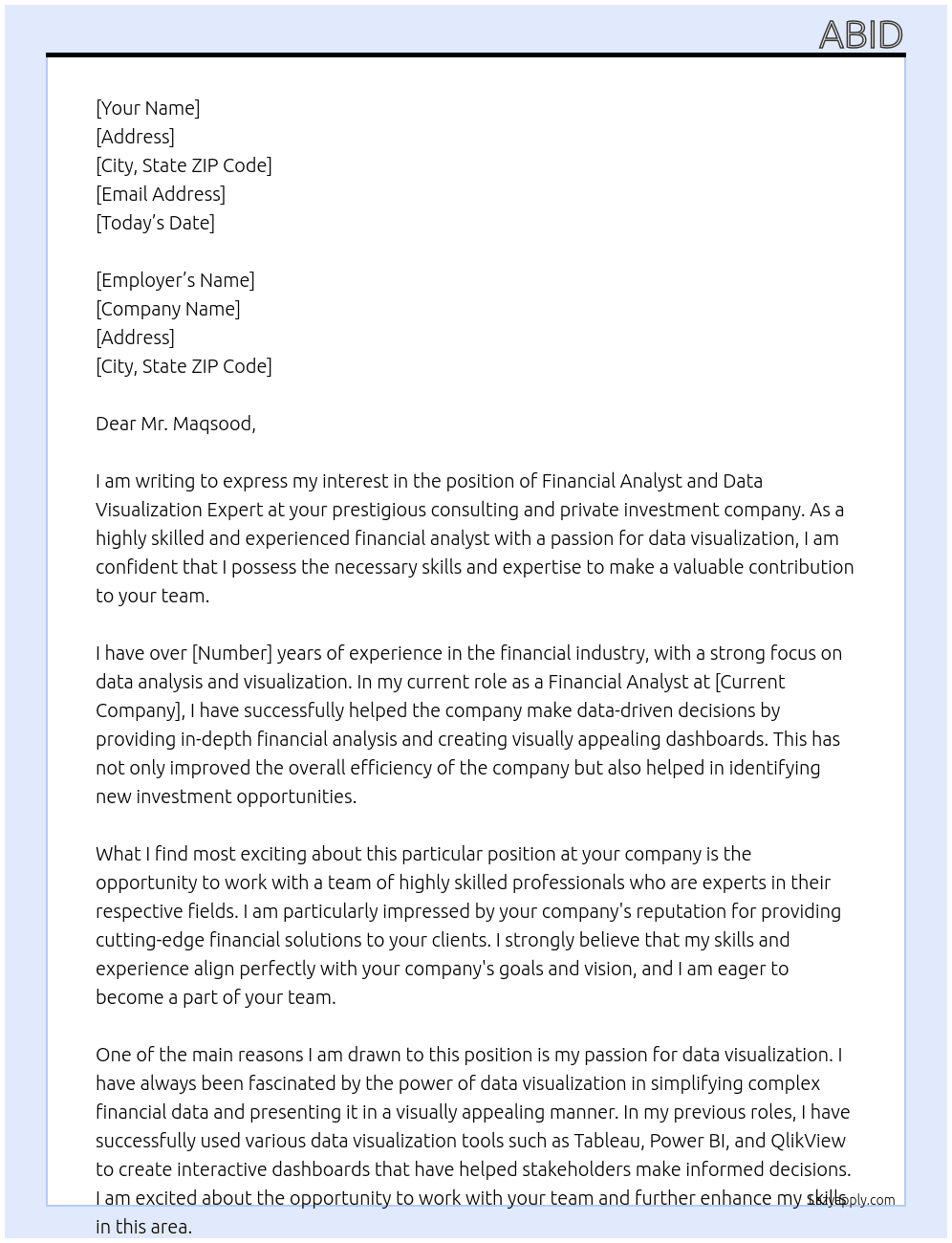 Cover letter for financial analyst and data visualization expert - LazyApply