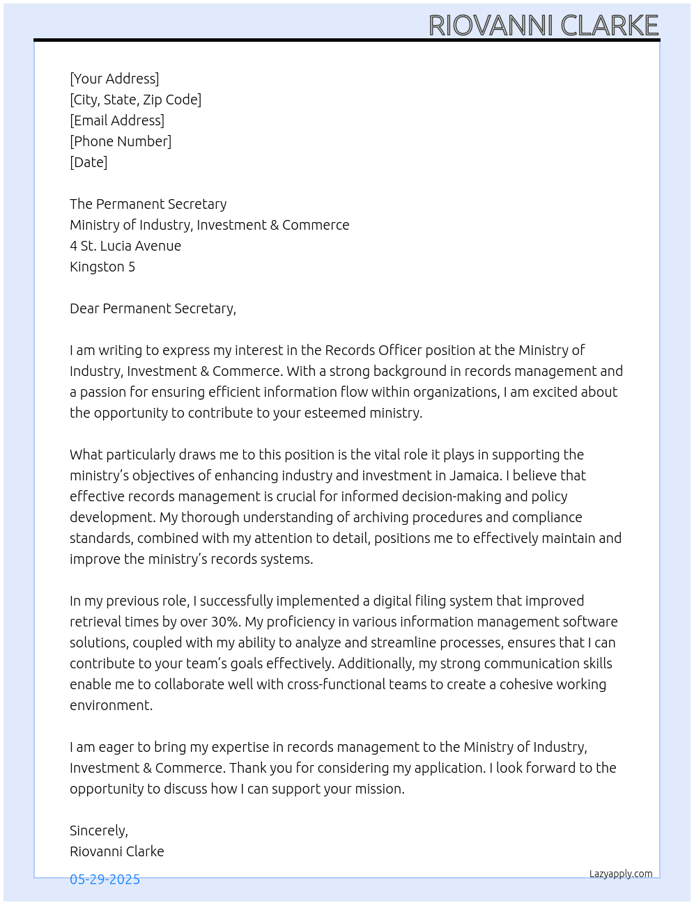 Records Officer  At Ministry of Industry, Investment and Commerce Cover Letter