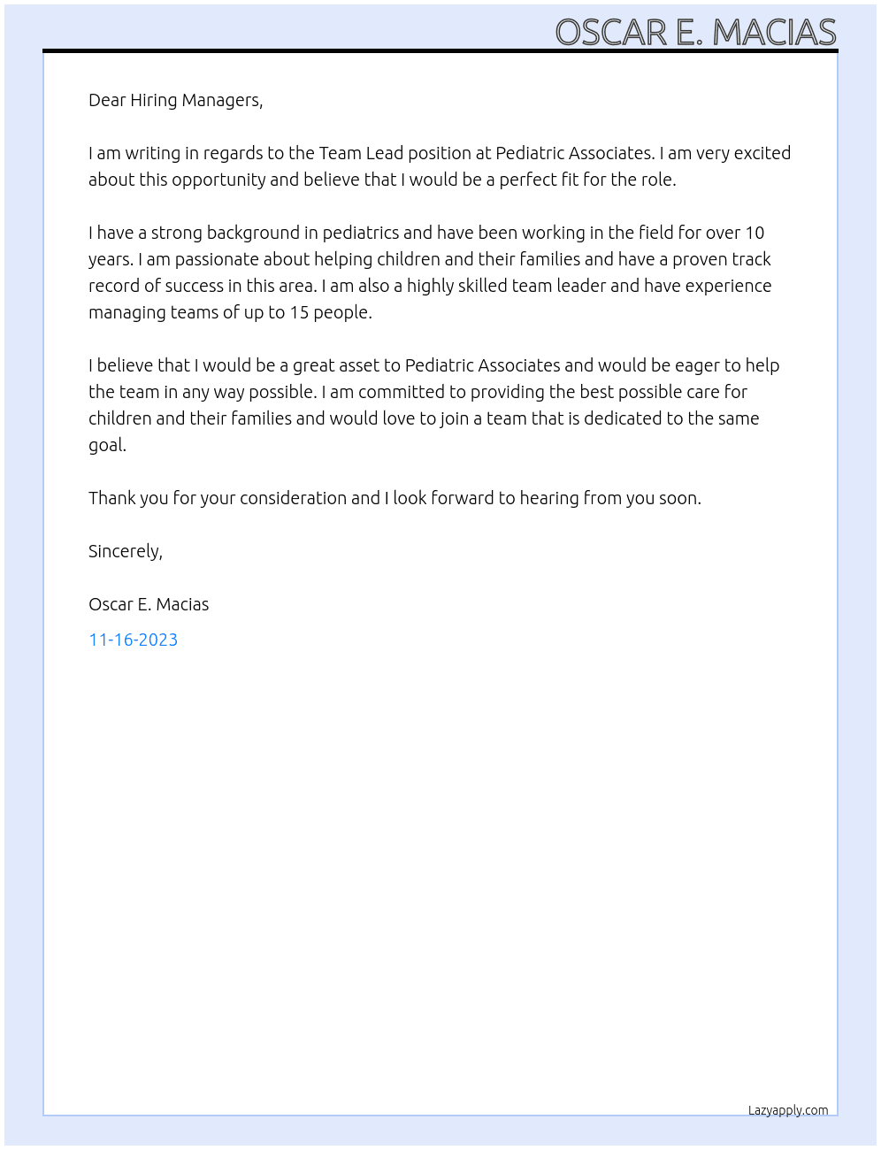 Team Lead At Pediatric Associates Cover Letter