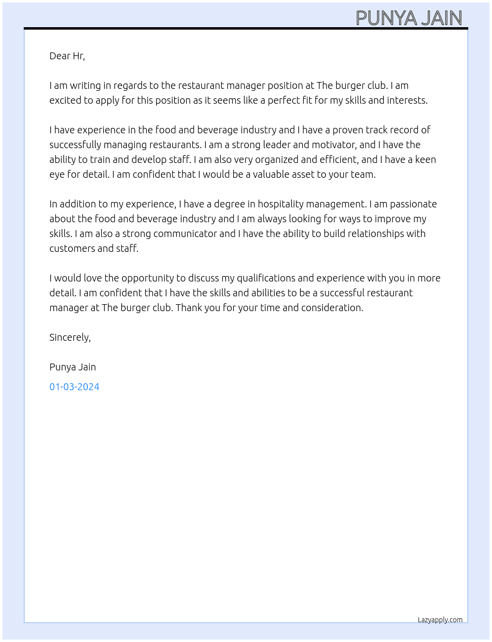Restaurant manager  At The burger club Cover Letter