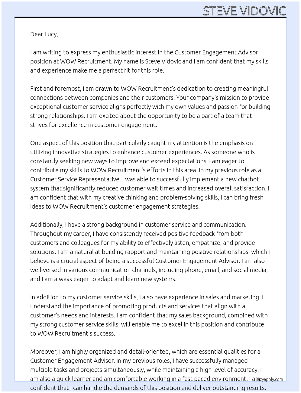 Customer Engagement Advisor At WOW Recruitment Cover Letter
