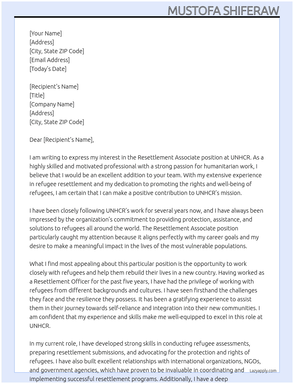 Resettlement Associate At UNHCR Cover Letter