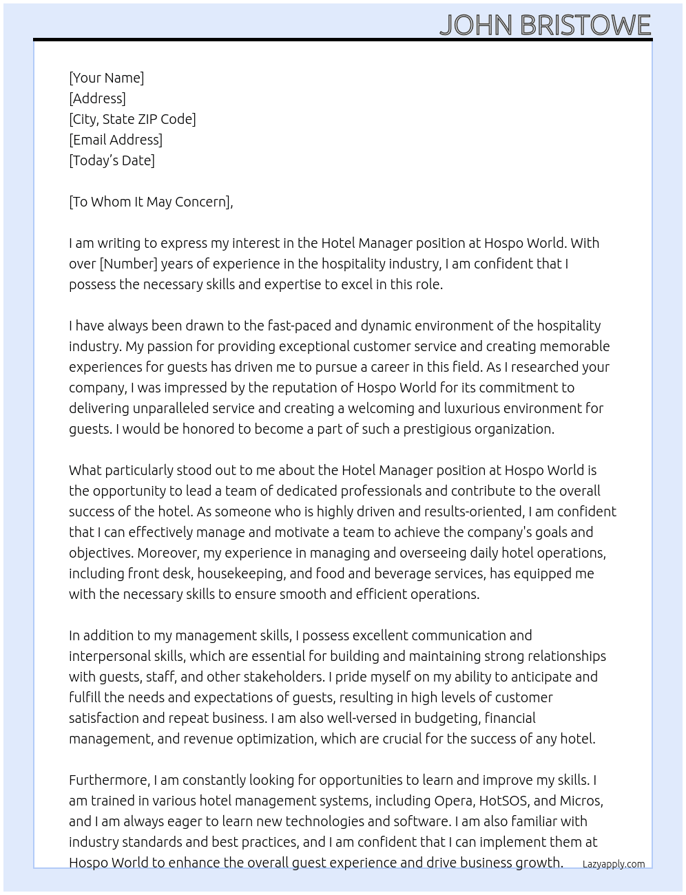 Hotel Manager At Hospo World Cover Letter