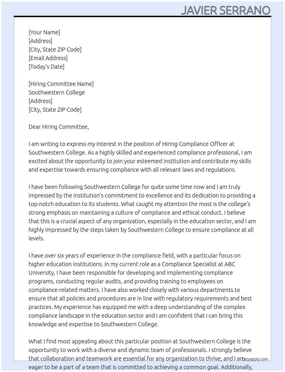 Hiring Compliance Officer At Southwestern College Cover Letter