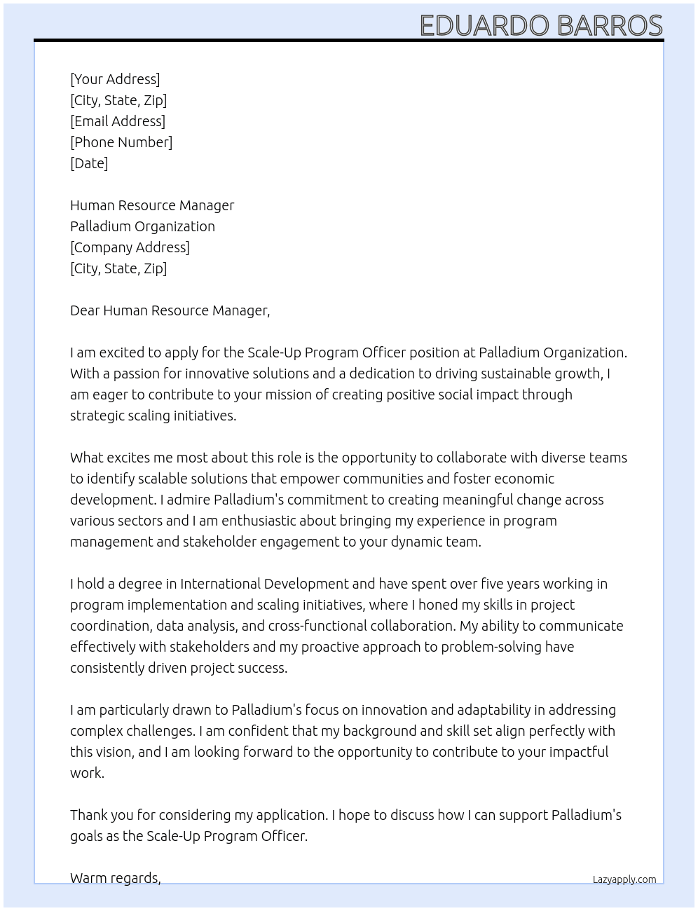 Scale-Up Program Officer At Palladium Organization Cover Letter