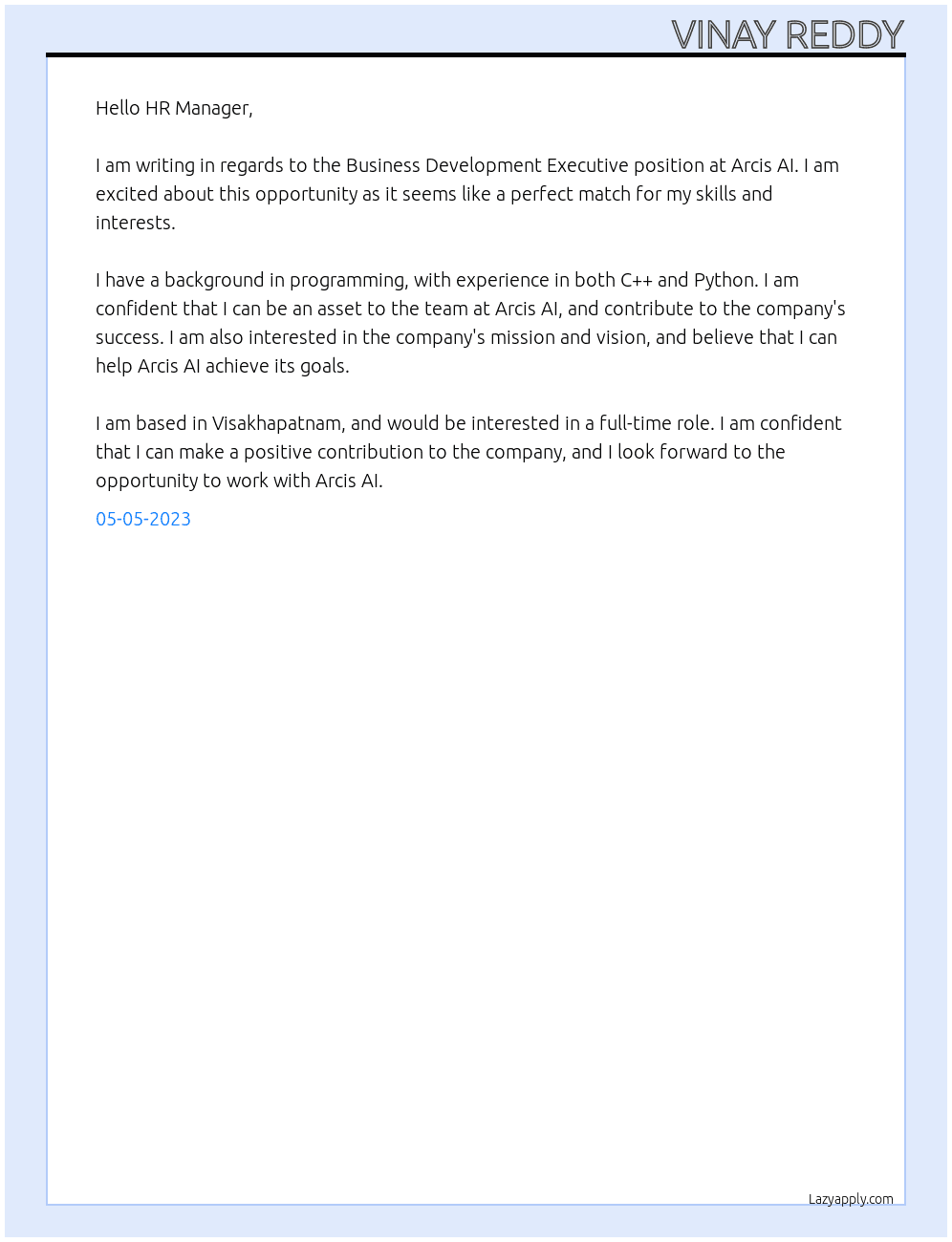 Business development executive  At Arcis AI Cover Letter