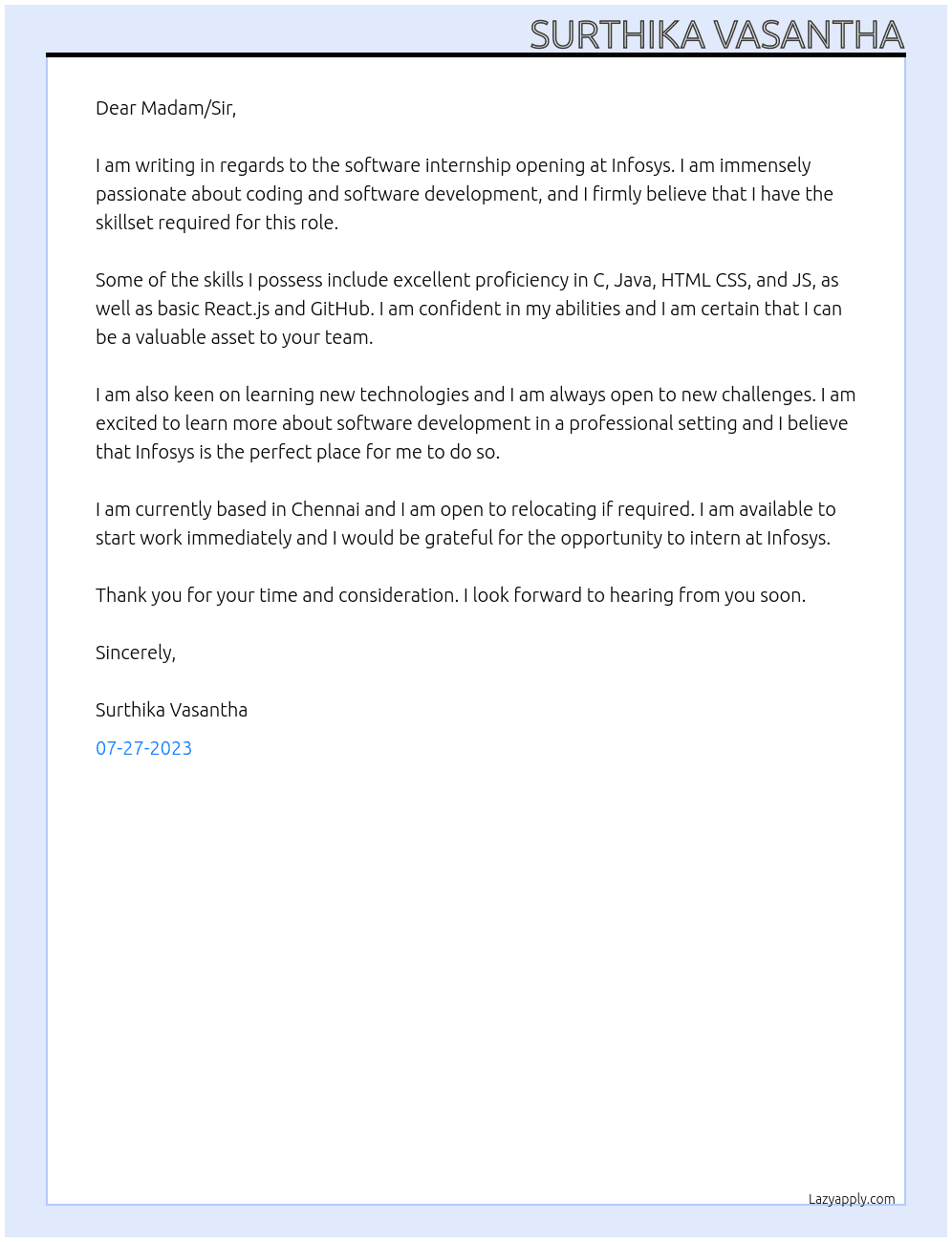  software internship At Infosys Cover Letter