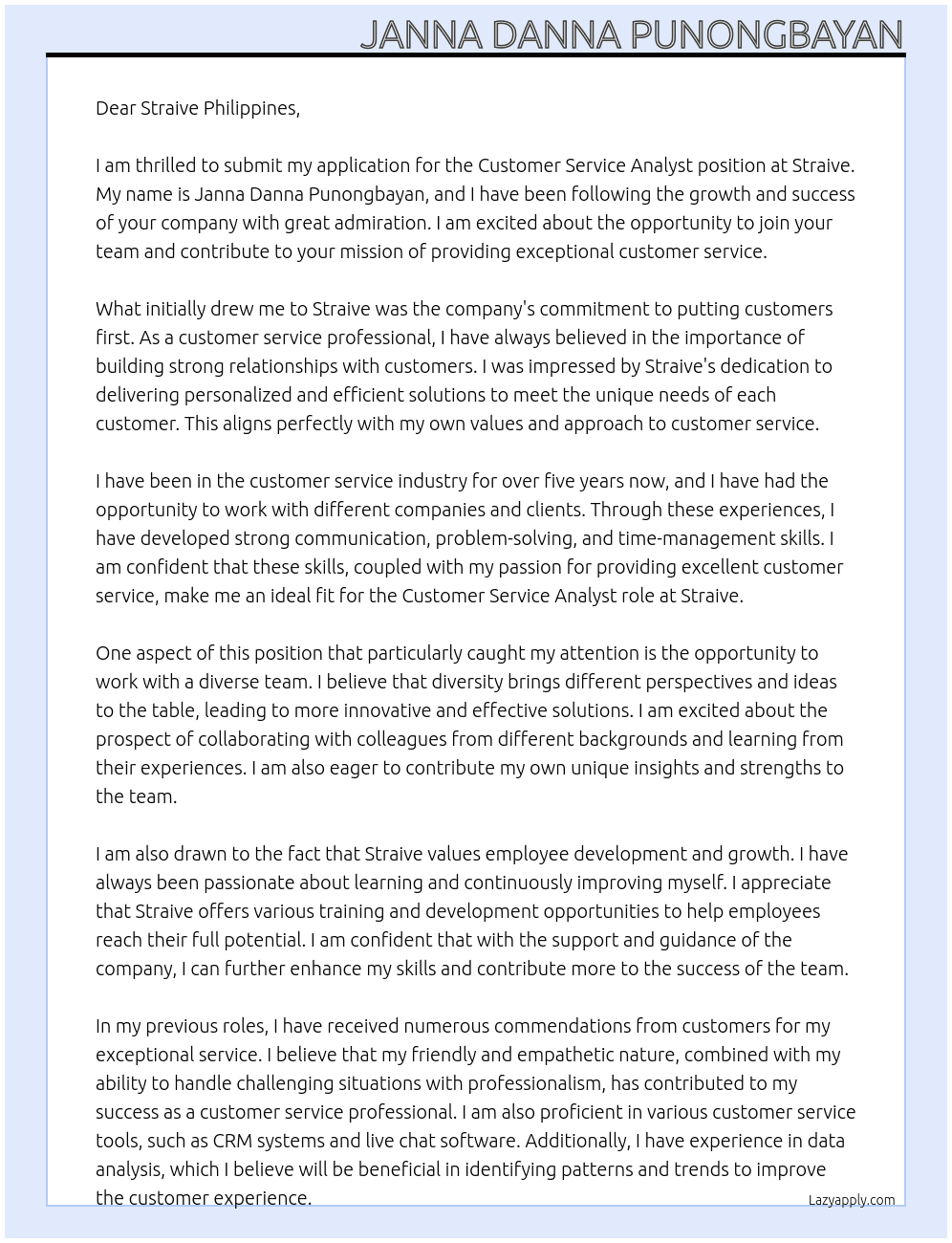 customer service analyst At straive Cover Letter