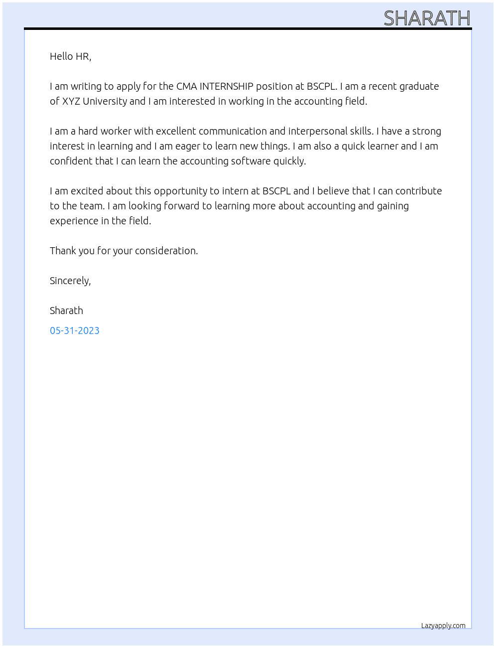 CMA INTERNSHIP At BSCPL Cover Letter