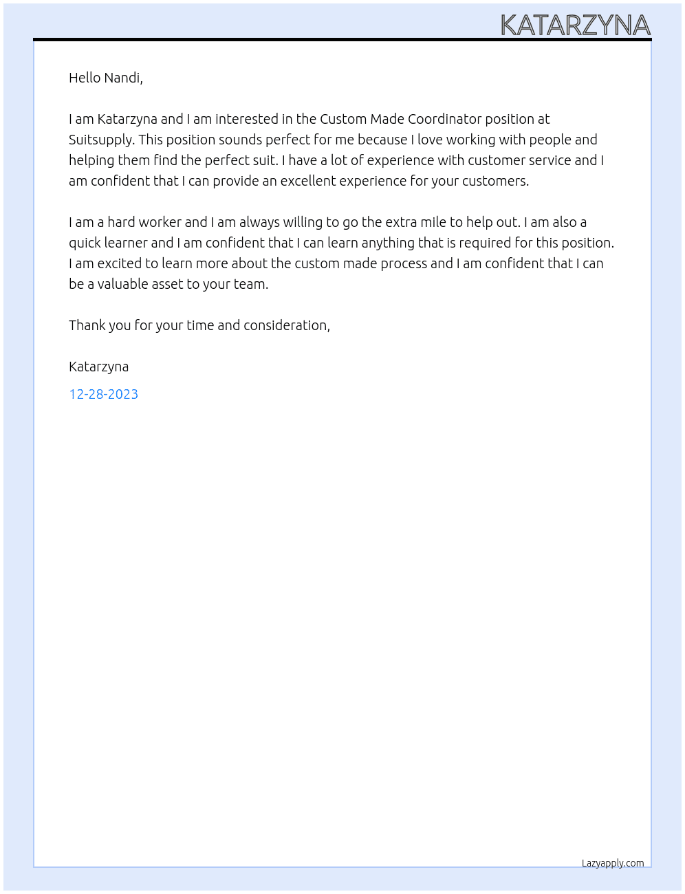 Custom Made Coordinator At Suitsupply Cover Letter
