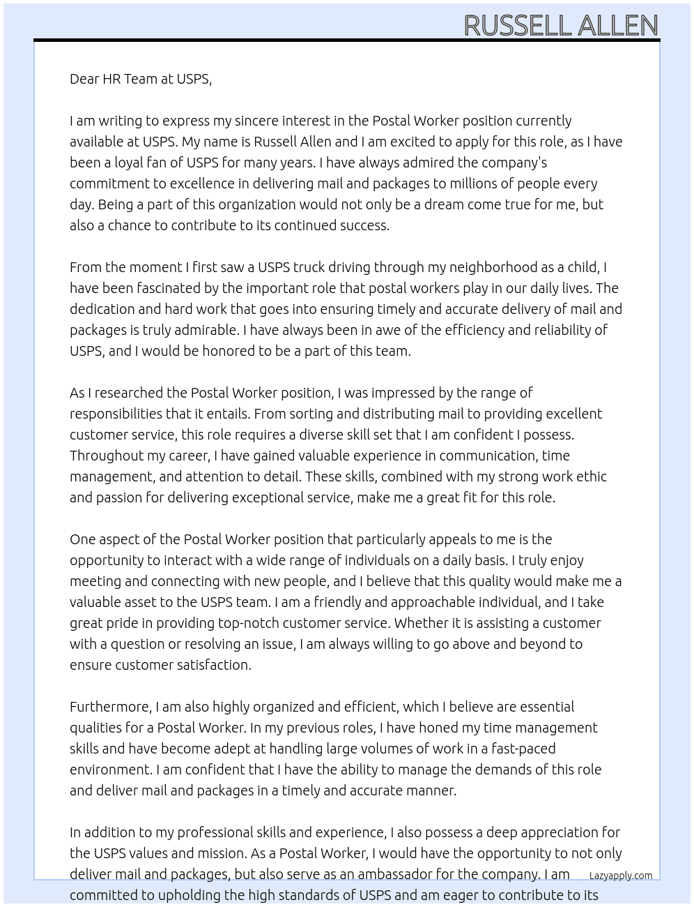 Postal Worker At USPS  Cover Letter