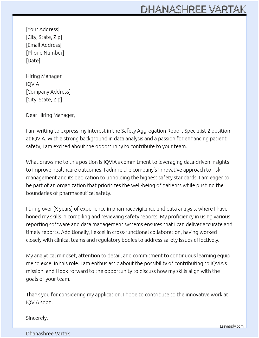 Safety Aggreg Report Spec 2 At IQVIA Cover Letter