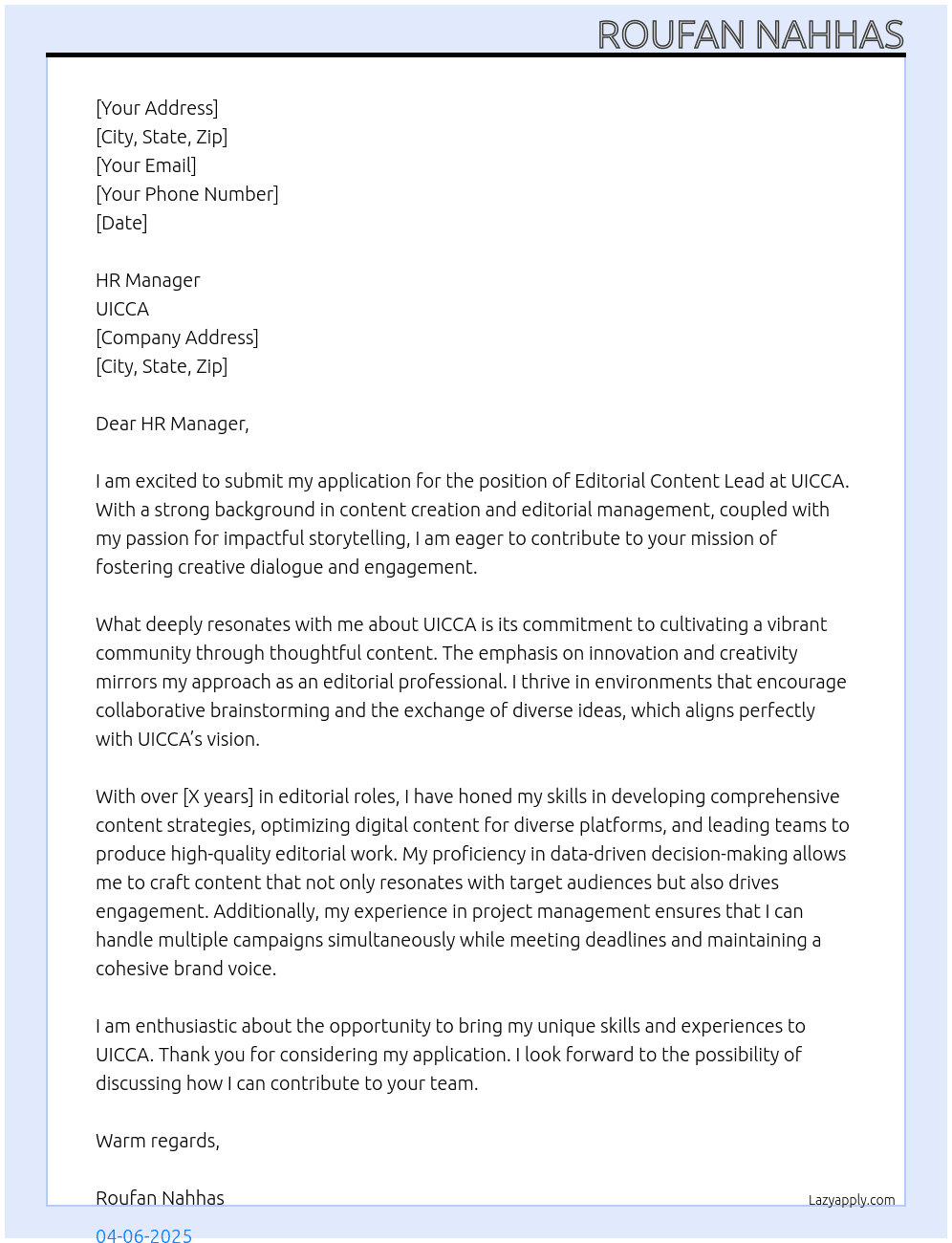 Editorial Content Lead At UICCA Cover Letter
