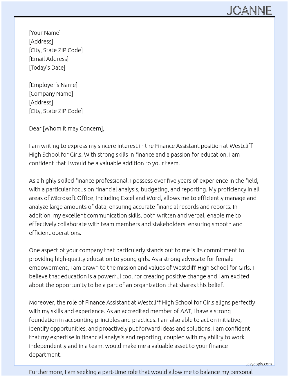 Finance assistant  At Westcliff High School For Girls Cover Letter