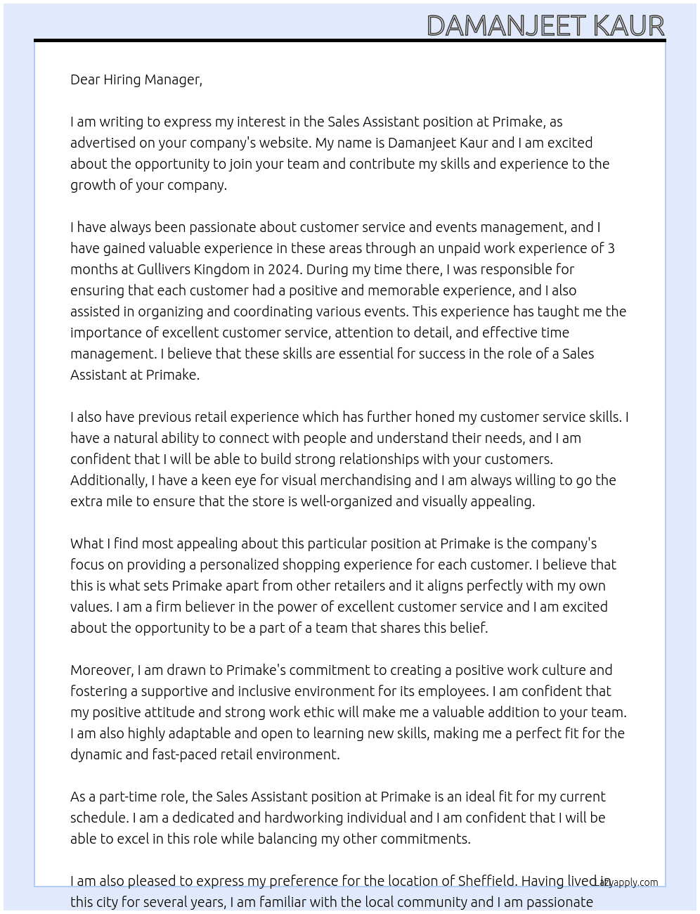 Sales assistant  At Primake  Cover Letter