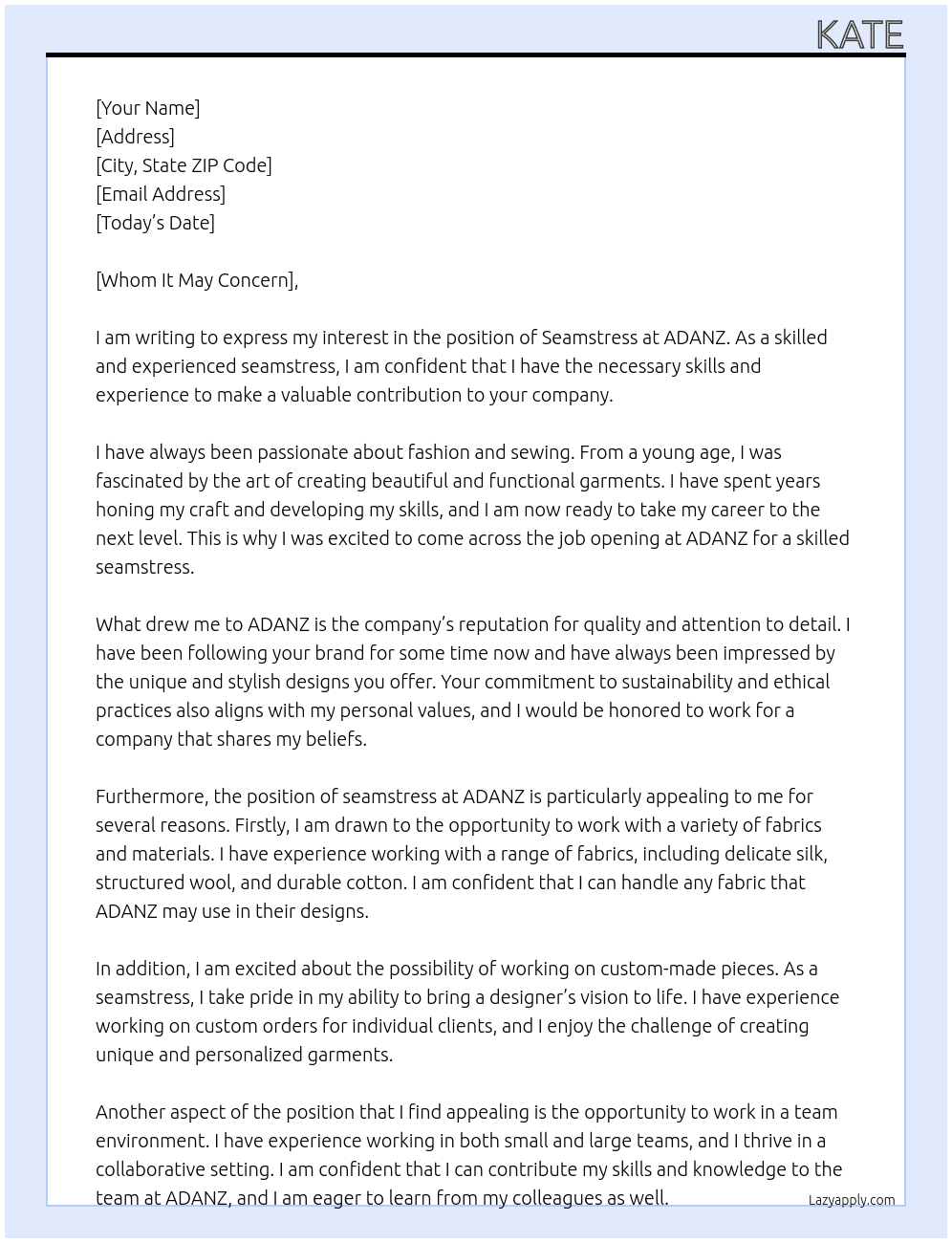 seamstress At ADANZ Cover Letter