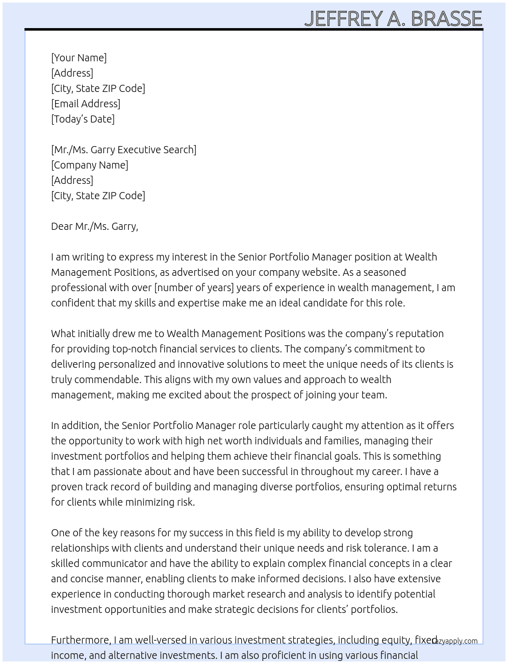 Senior Portfolio Manager At Wealth Management Positions Cover Letter