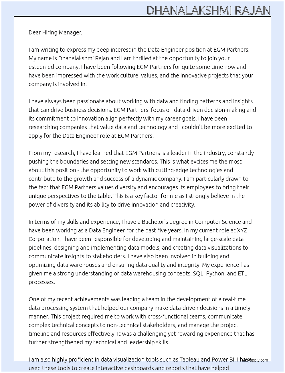 Data Engineer At EGM Partners Cover Letter