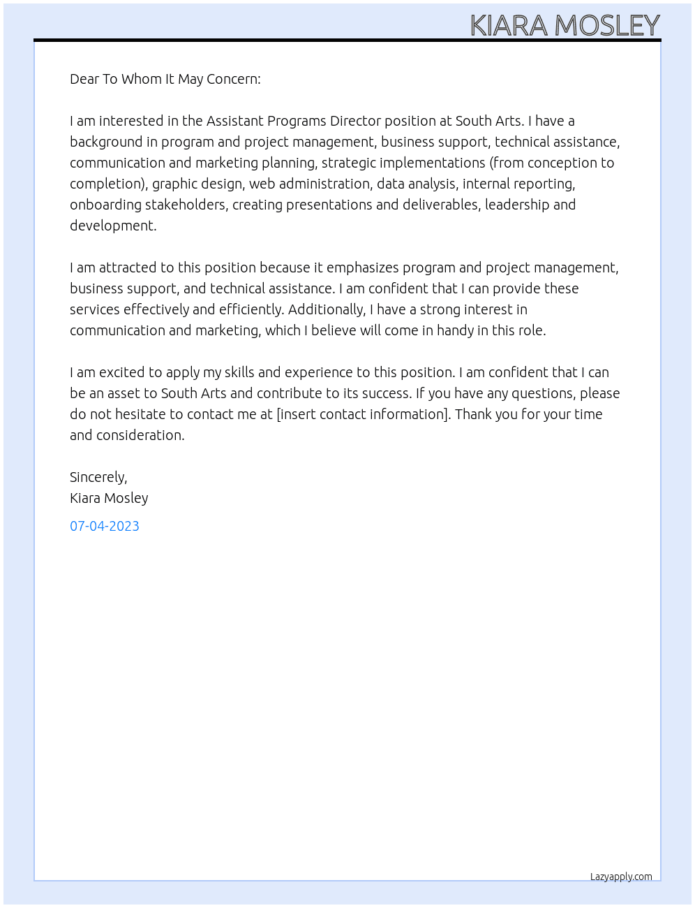 Assistant Programs Director  At South Arts Cover Letter