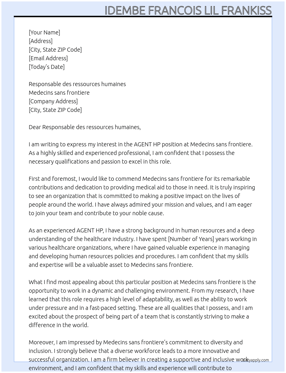 AGENT HP At Medecins sans frontiere Cover Letter
